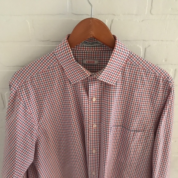 Izod Men’s Button down shirt Plaid Longsleeve Red Navy White Sz 16 1/2 - Picture 2 of 7